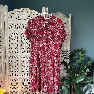 Tory Burch Red Floral Cora Pleated Short Sleeve Dress